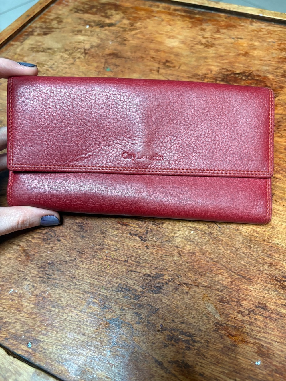 Guy Laroche Red Pebbled Leather Trifold Wallet
